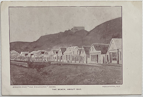 (front of postcard)  The Beach About 1860, Old Wellington series