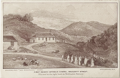 (front of postcard) First Roman Catholic Chapel, Boulcott Street, Old Wellington series