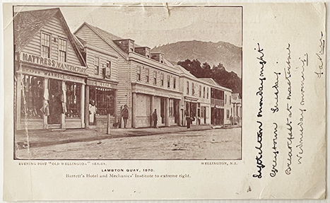 (front of postcard) Lambton Quay, 1870, Old Wellington series