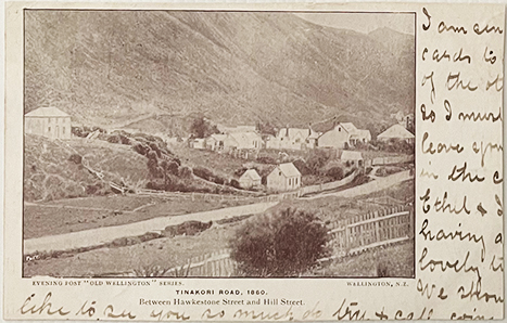 (front of postcard) Tinakori Road, 1860, Old Wellington series