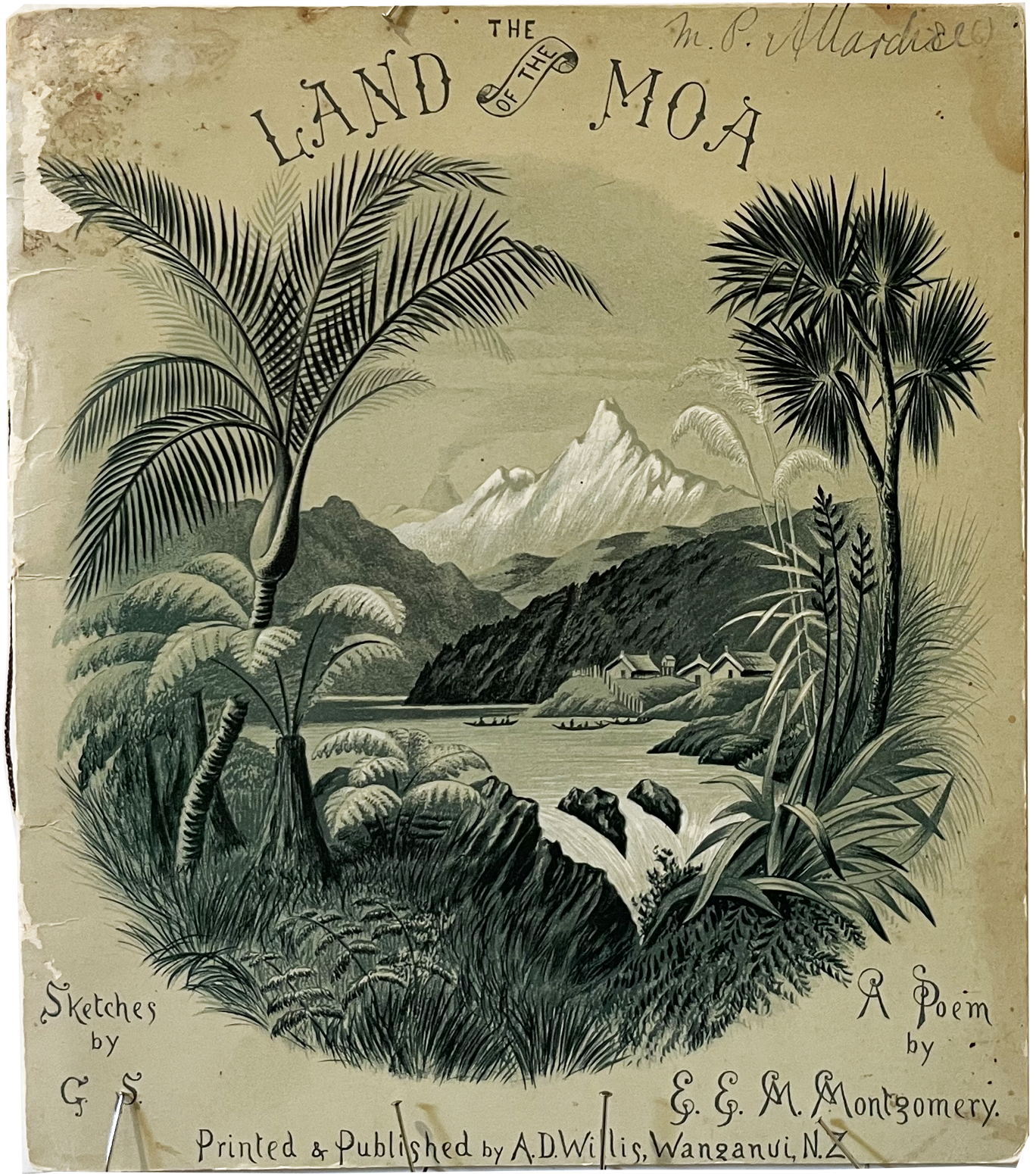The Land of the Moa (front cover) A D Willis, New Zealand Sepia Lithograph booklet