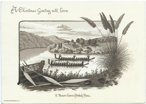 Willis, sepia, card (1) A Maori Canoe (Waka) Race -- LINK to larger image