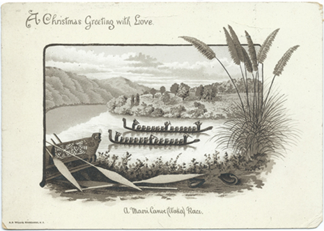(front of postcard) A D Willis Postcard, A Maori Canoe (Waka) Race