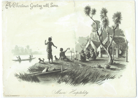 (front of postcard) A D Willis Postcard, Maori Hospitality