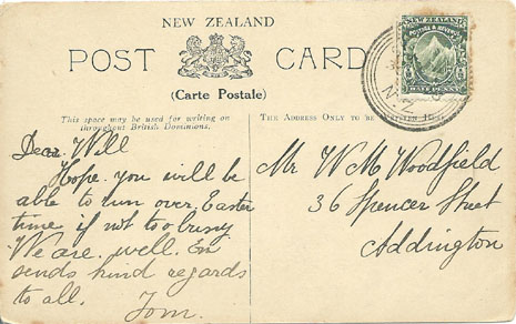 (back of postcard) Worsley postcard, Rata, Huia, Ribbon-Wood, Kingfisher