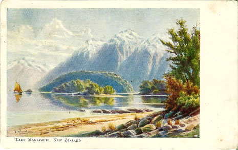 (front of postcard) Worsley postcard, Rata, Huia, Ribbon-Wood, Kingfisher