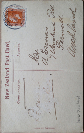 (back of postcard) G Robley Postcard, Card (5) — Lithograph; Tutu Ngarahu, Maori Haka; signed G. Robley