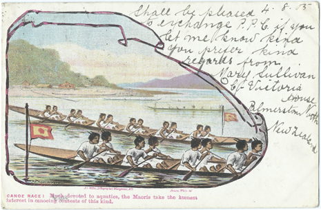 (front of postcard) A D Willis Postcard, Canoe race
