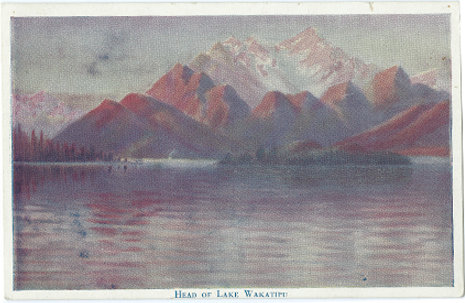(front of postcard) Wilson Bros., Lake Wakatipu [Artist J.D. Perrett]