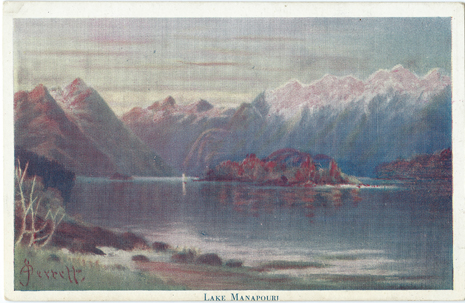(front of postcard) Wilson Bros. Postcard, Lake Manapouri [Artist J.D. Perrett]
