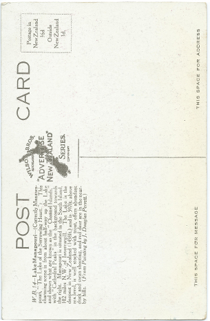 (back of postcard) Wilson Bros. Postcard, Lake Manapouri [Artist J.D. Perrett]