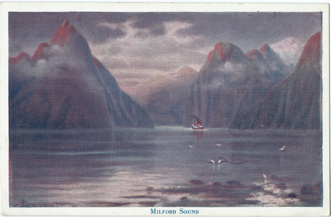 (front of postcard) Wilson Bros. Postcard, Milford Sound [Artist J.D. Perrett]