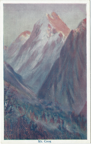 Wilson Bros. Postcard, Mount Cook and the Hochstter Dome [Artist <strong>J.D. Perrett</strong>], -- LINK to larger image