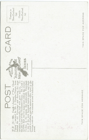 (back of postcard) Wilson Bros. Postcard, Mount Cook and the Hochstter Dome [Artist J.D. Perrett]